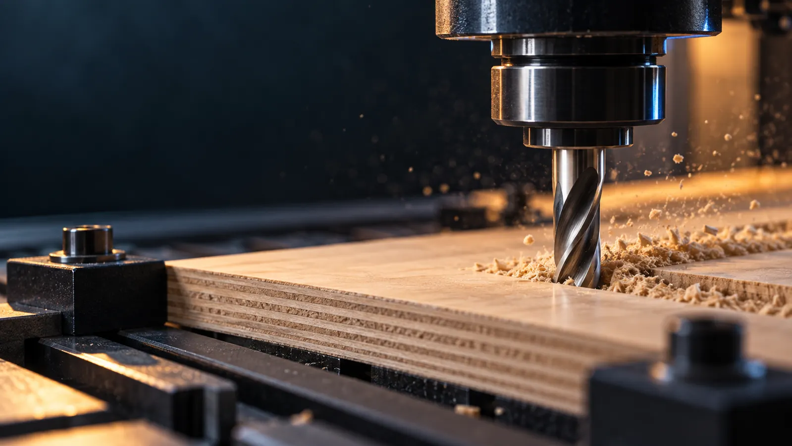 Unbranded carbide cutter making a shallow test pass in plywood with visible chips