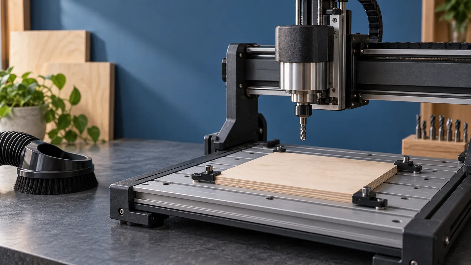 Desktop CNC router above a clamped plywood test piece