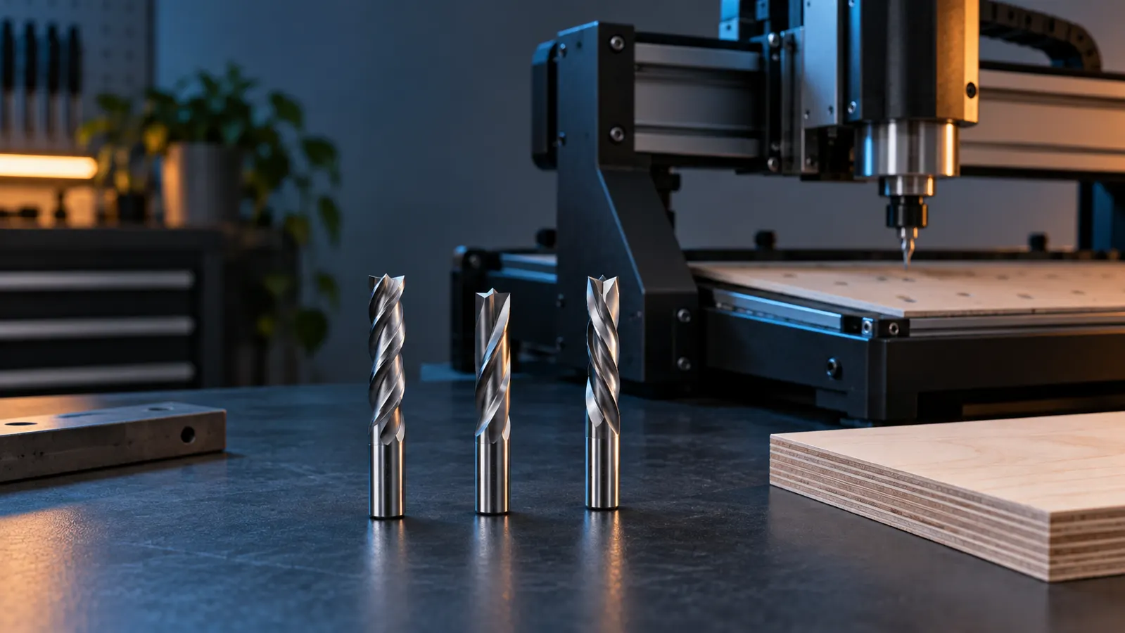 Three unbranded router bits on a workbench beside a desktop CNC router