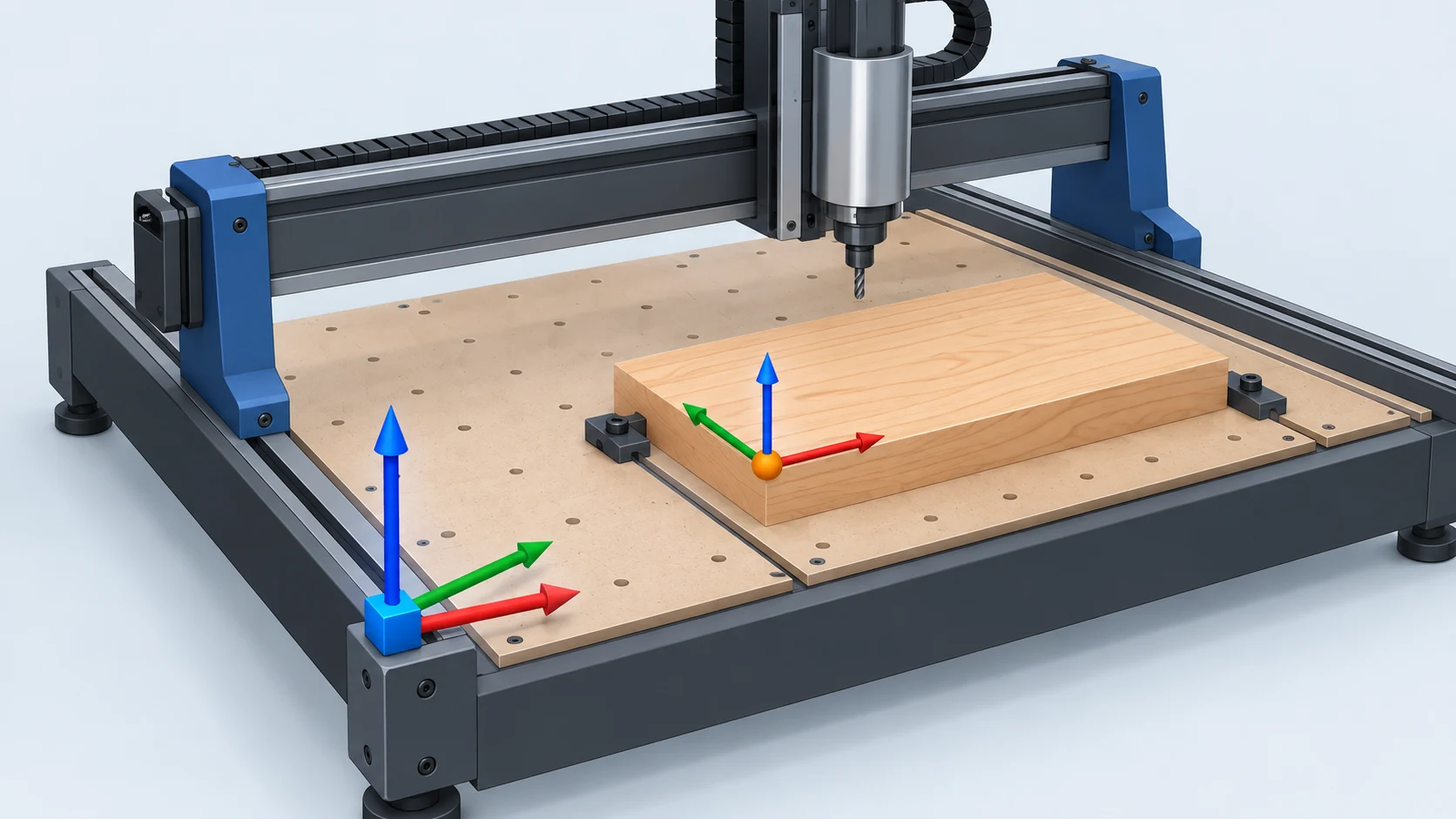 Desktop CNC router with a machine origin marker on the frame corner and a separate work origin marker on the stock