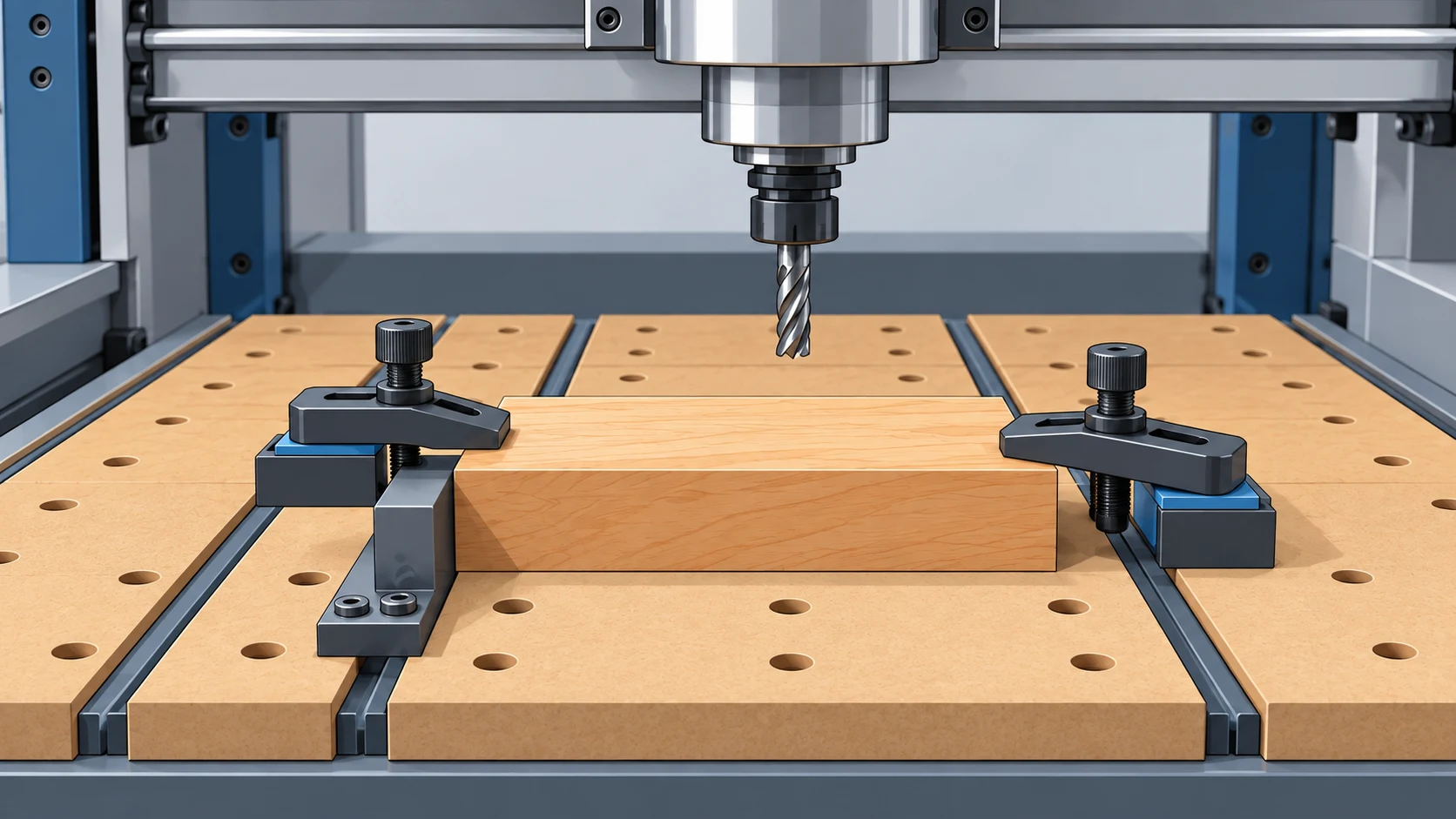 CNC 雕刻机台面上，两个压板夹具固定着一块木料，上方是立铣刀