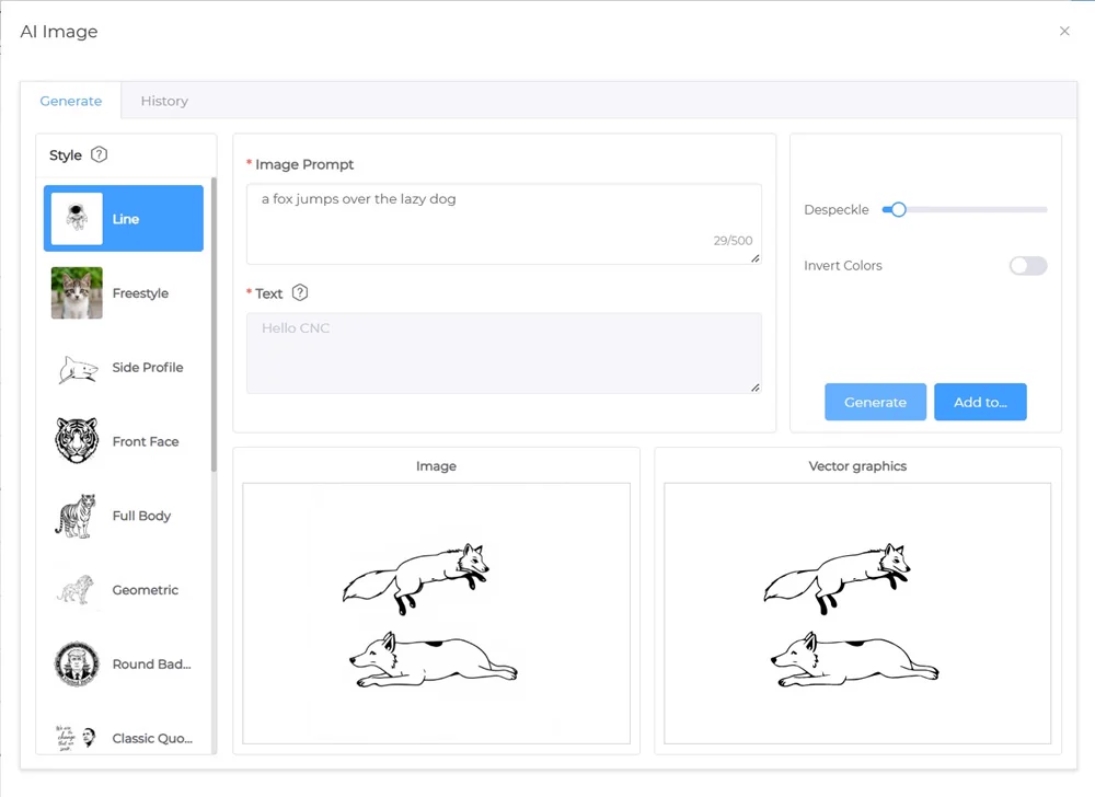 AI Image dialog, Generate tab: style list, image prompt and text fields, empty preview panels