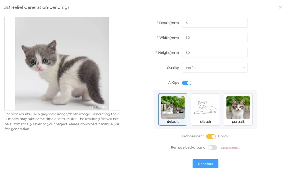 3D Relief Generation dialog with a cat photo and depth, width, height, quality and AI Opt settings