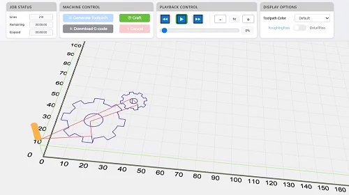 Gear-wheel toolpath in the 3D preview, with job status and playback panels above
