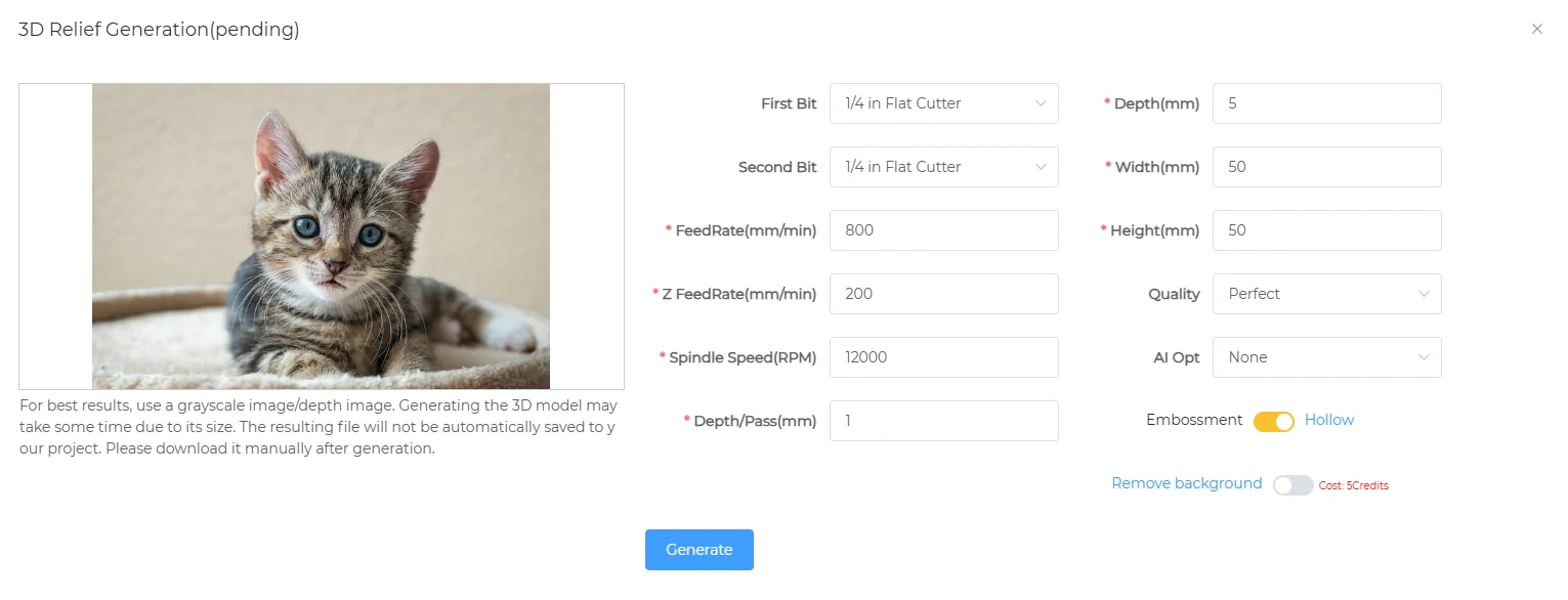 3D Relief Generation dialog (pending) with a cat photo and bit, feed rate and depth settings