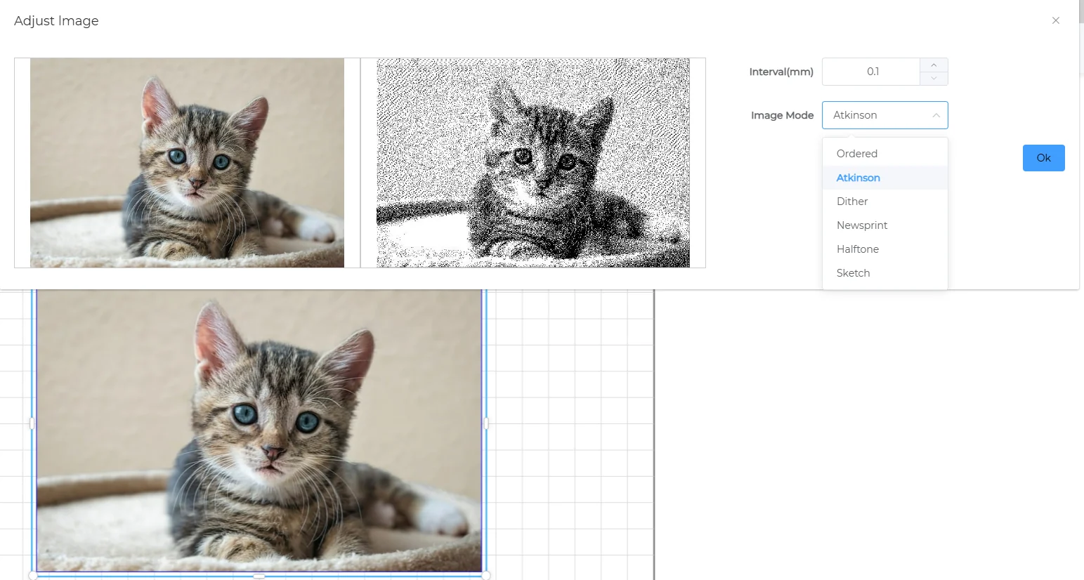 Adjust Image dialog comparing the original photo with a dithered preview, and the Image Mode list