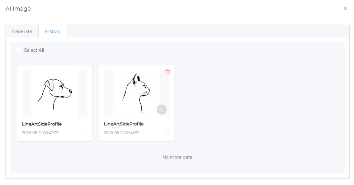 AI Image dialog, History tab, with two saved line-art results