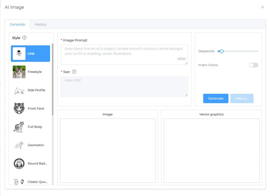 AI Image dialog before generating: style list, prompt box and empty result panels