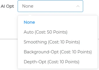 AI Opt drop-down: None, Auto, Smoothing, Background-Opt and Depth-Opt, with their credit costs