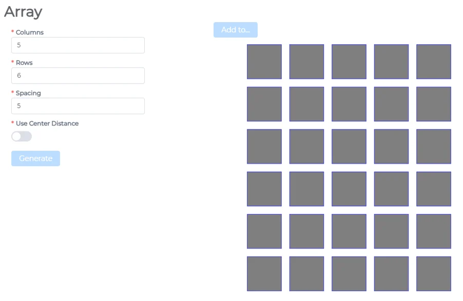 Array generator with columns, rows and spacing, showing a grid of squares