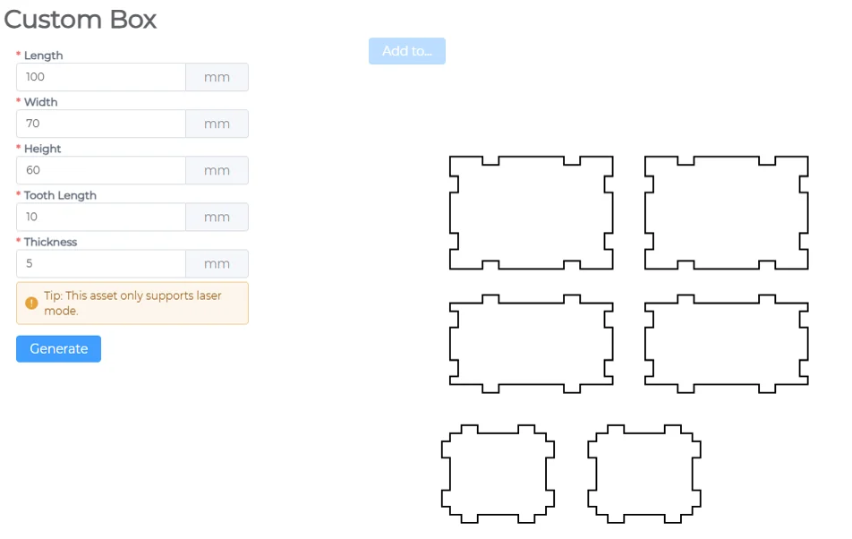 Custom Box generator with size inputs and the generated box panels