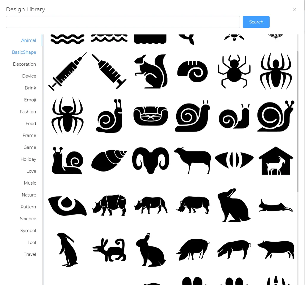 Design Library dialog with a category list and a grid of animal icons