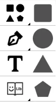Drawing toolbar with shape, pen, text and library tools, and rectangle, circle, triangle and pentagon shapes