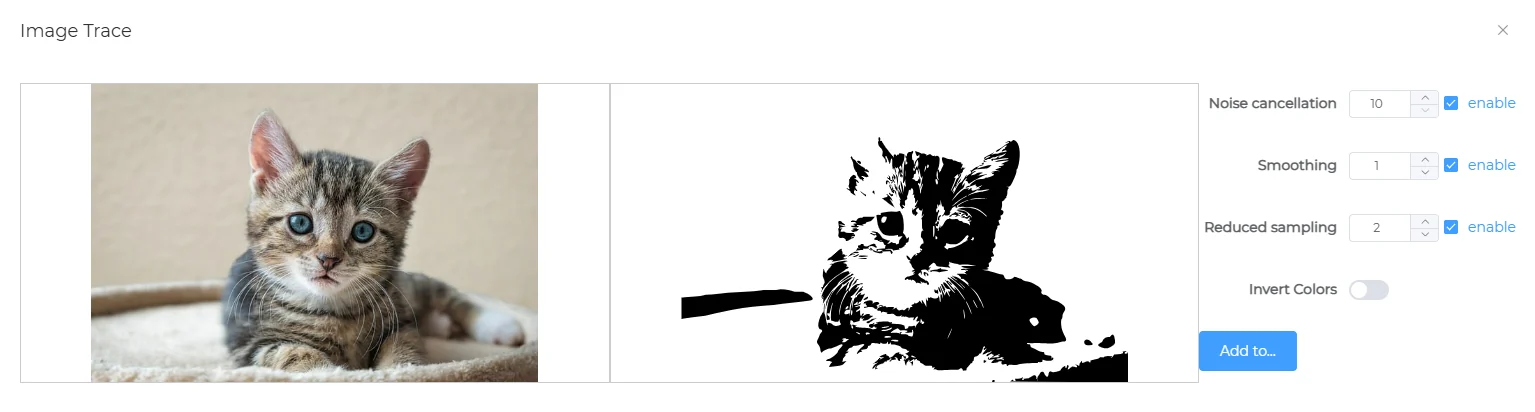 Image Trace dialog: original photo, black-and-white trace and adjustment options
