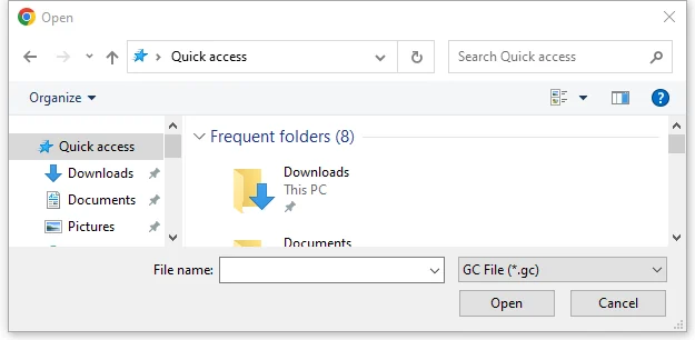 File open dialog filtered to G-code files (*.gc)