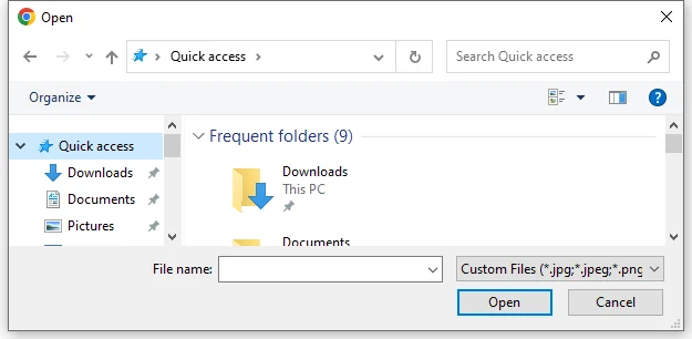 File open dialog filtered to image files (jpg, jpeg, png)
