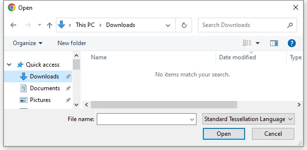 File open dialog filtered to STL files, showing the Downloads folder