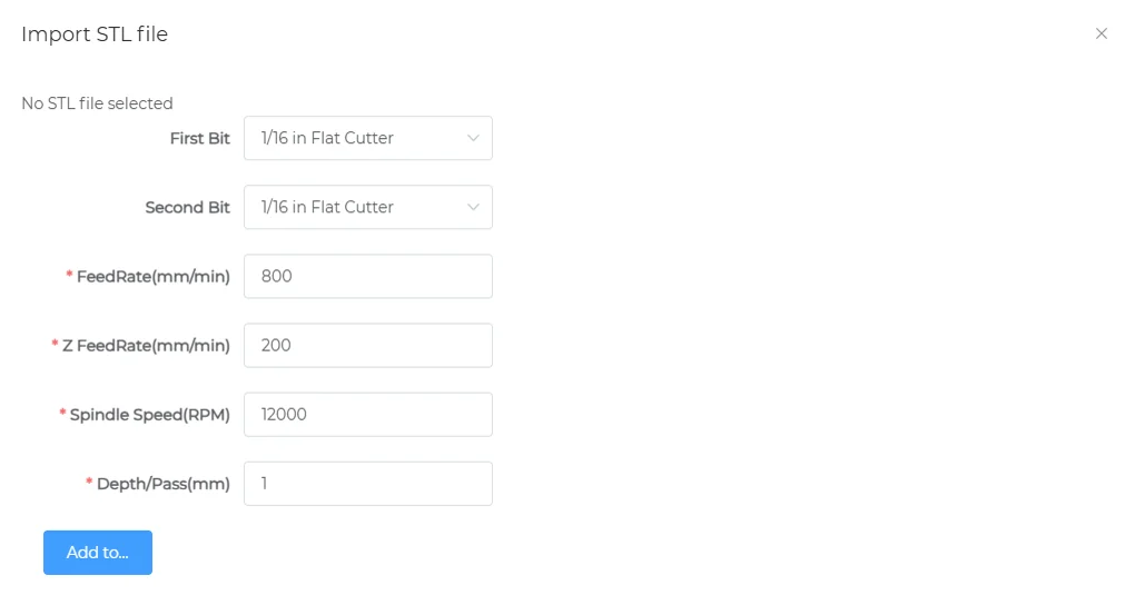 Import STL file dialog with bit, feed rate, spindle speed and depth per pass settings