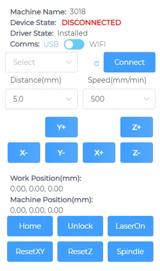 Device panel: machine name, device and driver state, Comms toggle, Connect button, jog distance and speed, axis buttons and Home, Unlock, LaserOn, ResetXY, ResetZ, Spindle