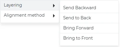 Right-click menu: Layering with Send Backward, Send to Back, Bring Forward and Bring to Front
