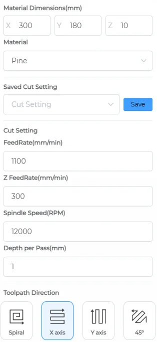 Material panel: dimensions, material, saved cut setting, feed rates, spindle speed, depth per pass and toolpath direction