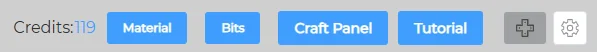 Top bar with Credits, Material, Bits, Craft Panel and Tutorial buttons, and tool and settings icons