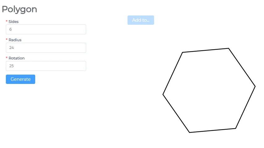 Polygon generator with sides, radius and rotation, showing a hexagon