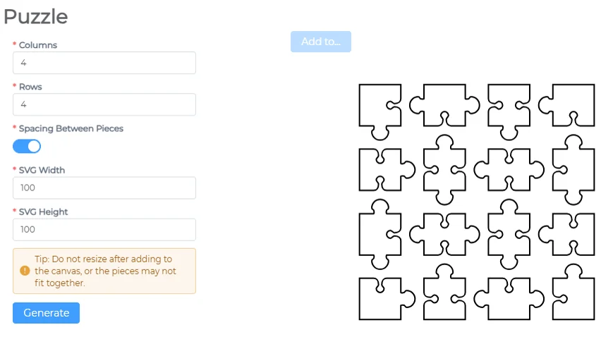 Puzzle generator with column, row and spacing options and a 4 by 4 set of puzzle pieces