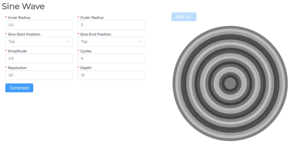 Sine Wave generator with radius, amplitude and cycles, showing concentric grey rings