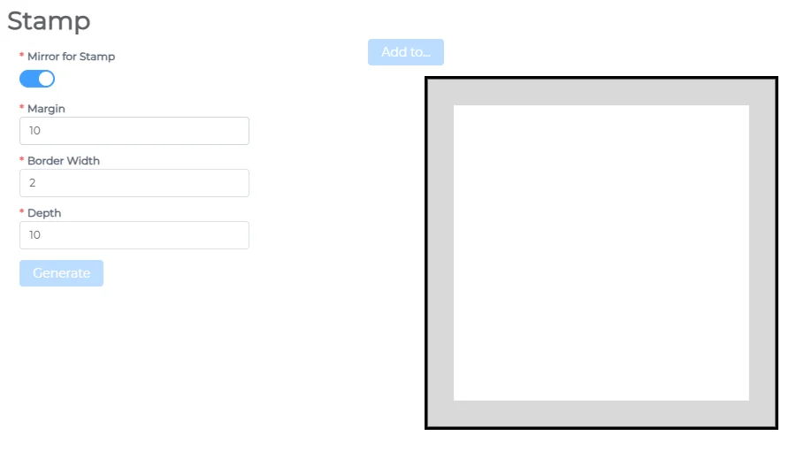 Stamp generator with margin, border width and depth, showing a square frame