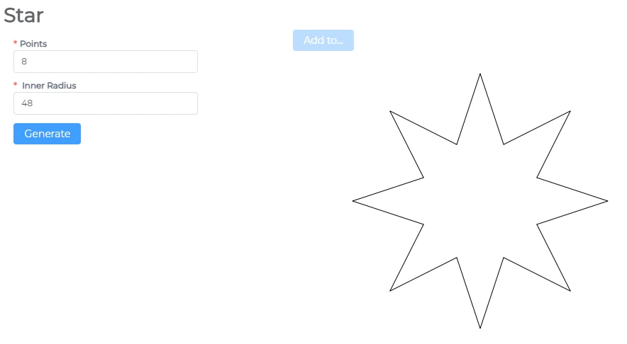 Star generator with points and inner radius, showing an eight-point star
