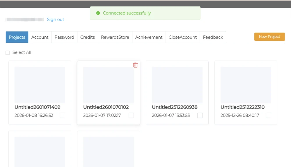 Projects page with a "Connected successfully" banner, confirming the driver is connected