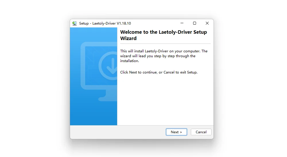 Laetoly Driver setup wizard, welcome page with a Next button