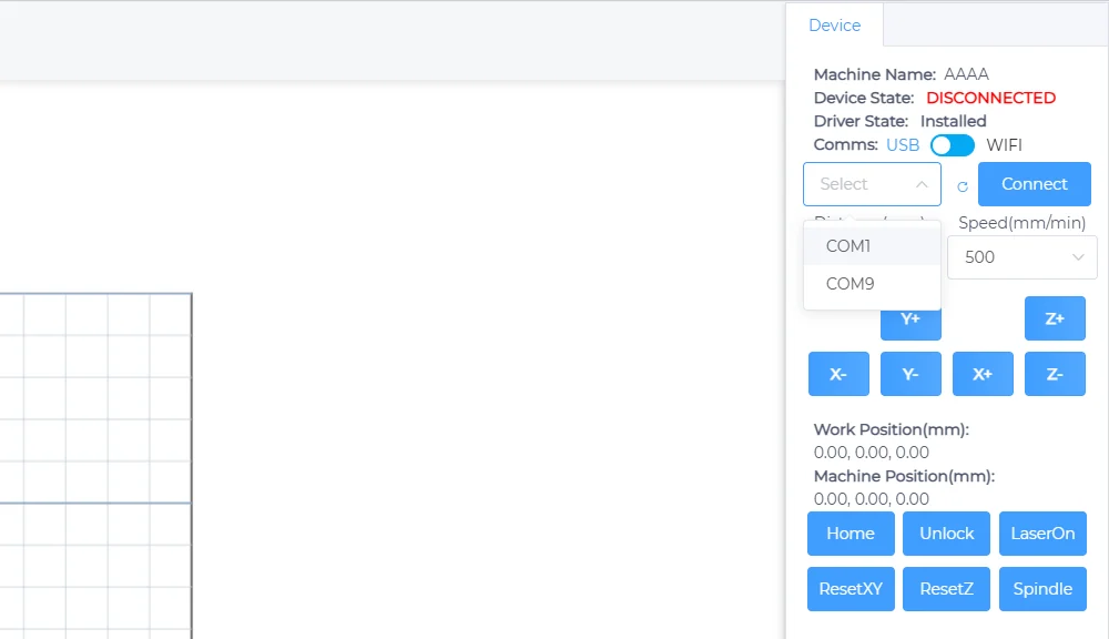 Port drop-down in the Device panel listing COM1 and COM9 on Windows