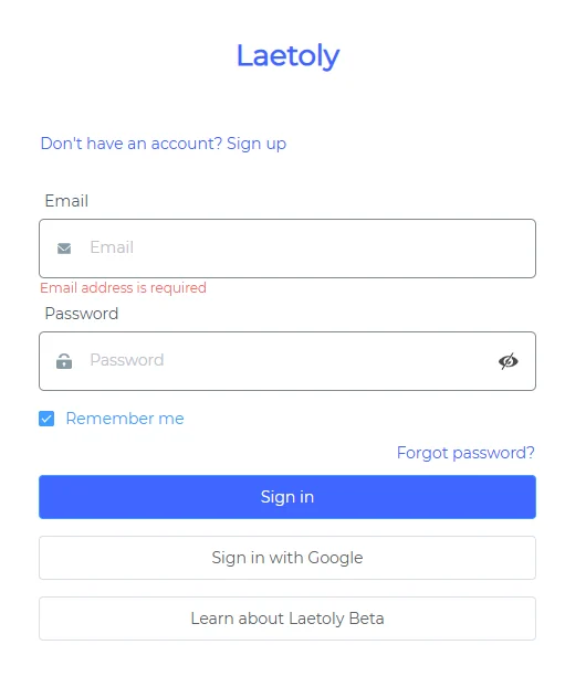 Login form: email, password, Remember me, Sign in and Sign in with Google