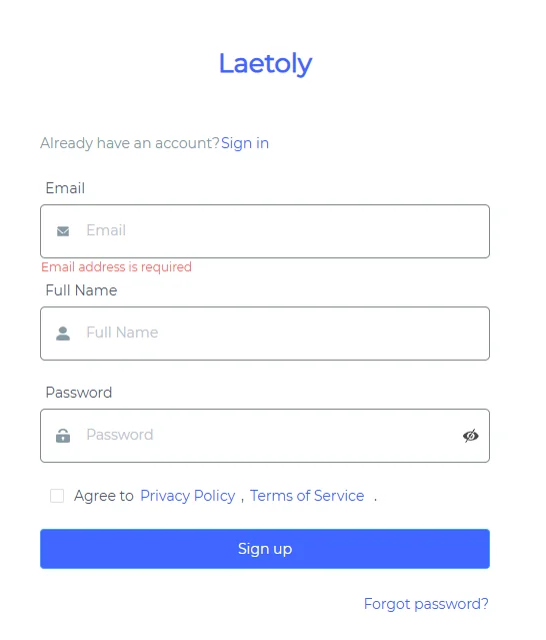 Registration form: email, full name, password, policy checkbox and Sign up button