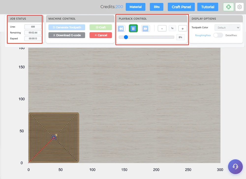 Carving in progress: job status and playback controls highlighted