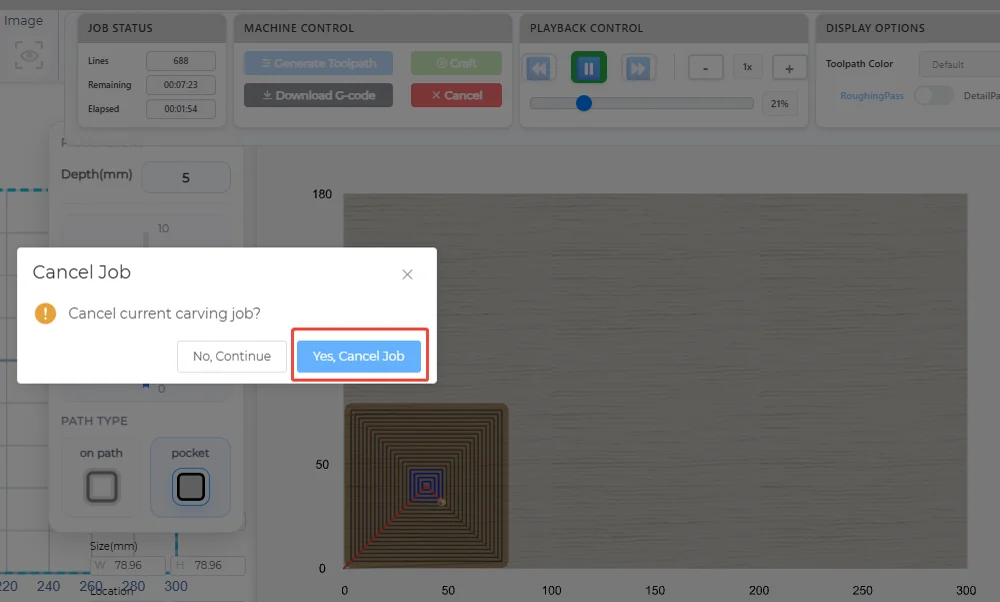 Cancel Job confirmation with the Yes, Cancel Job button highlighted