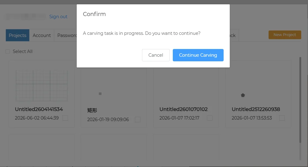 Confirm dialog: a carving task is in progress, with Cancel and Continue Carving buttons