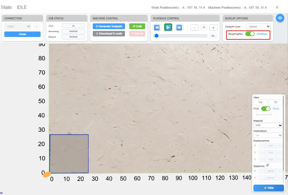 Display options with the Roughing Pass toggle highlighted, over a finishing toolpath preview