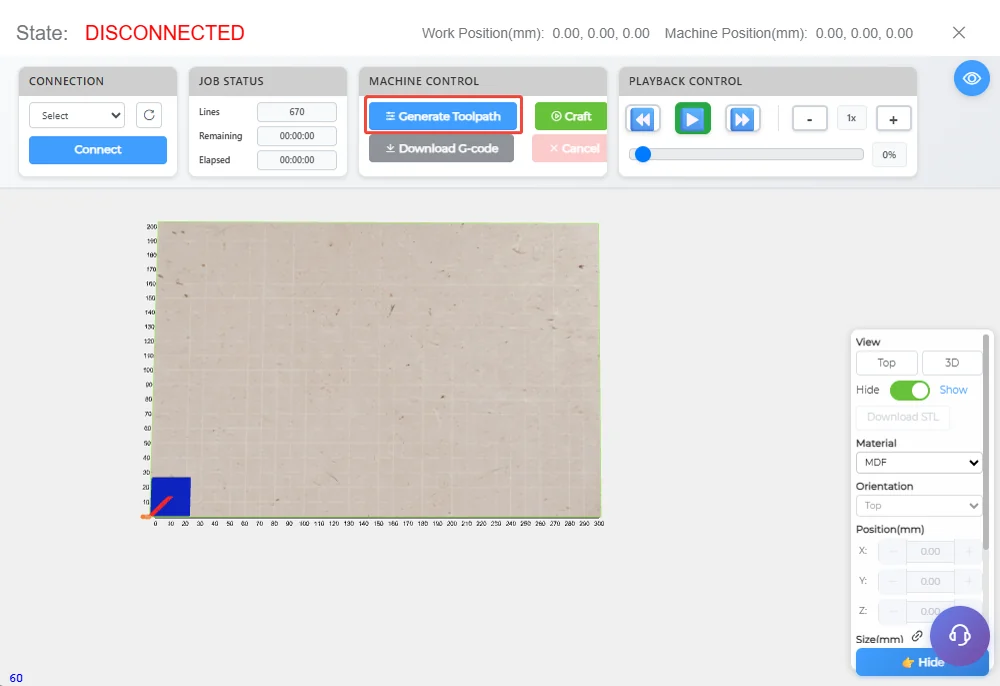 3D preview before generating, with the Generate Toolpath button highlighted