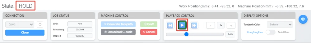 Playback controls with state HOLD and the resume button highlighted