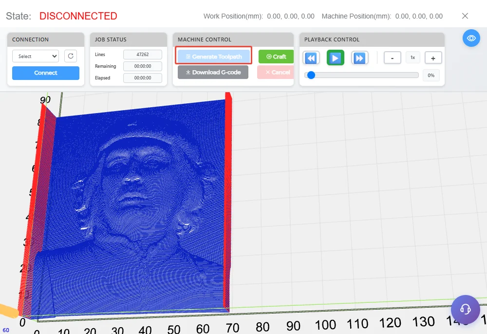 3D preview of a generated relief toolpath of a portrait, with Generate Toolpath highlighted
