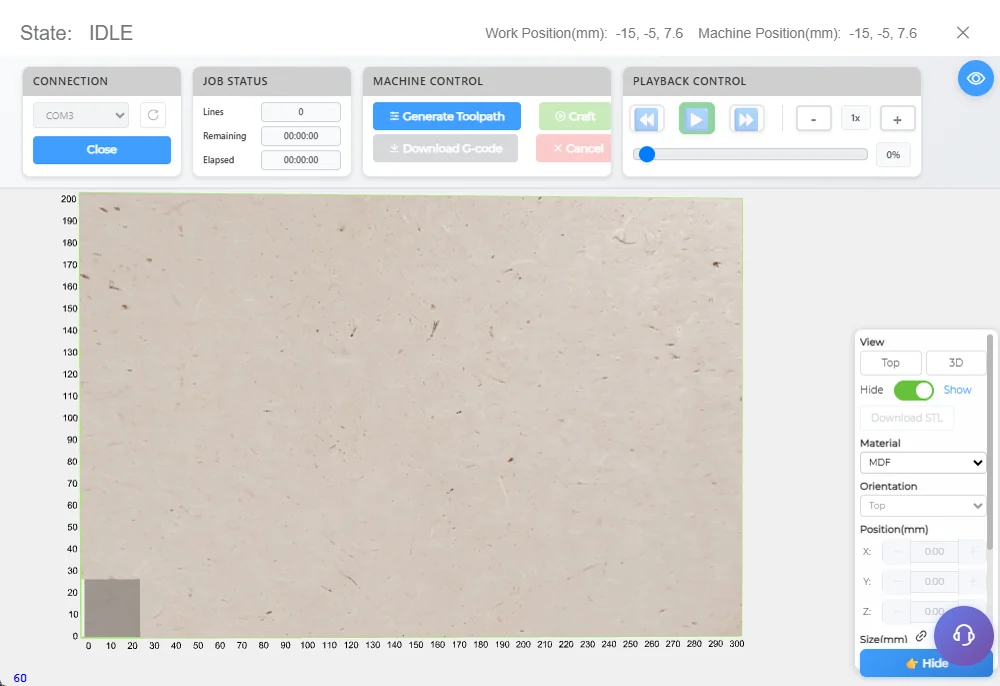 Overview of the preview interface: state bar, control panels and material area