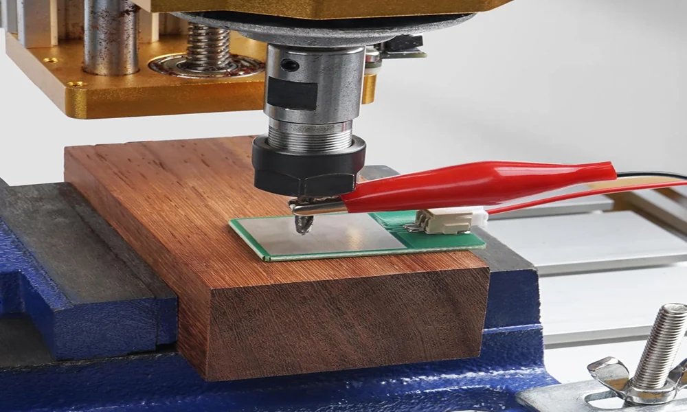 Photo of a router with a touch probe plate clipped to the collet over a wooden board held in a vise