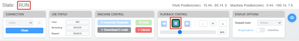 Playback controls with state RUN and the pause button highlighted