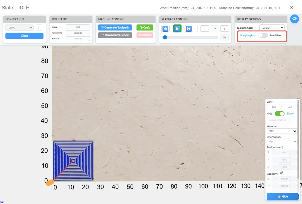 Display options with the Roughing Pass toggle highlighted, over a rough toolpath preview