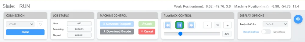 Job status panel during a run: state RUN with line count, remaining and elapsed time