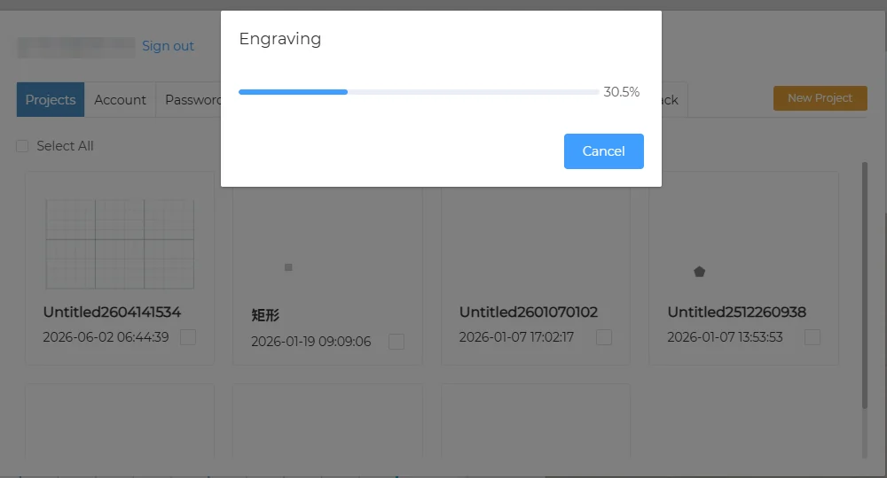 Engraving progress dialog at 30.5 percent with a Cancel button