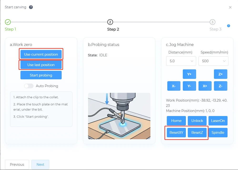Start carving wizard, step 1: Use current position, Use last position, ResetXY and ResetZ highlighted